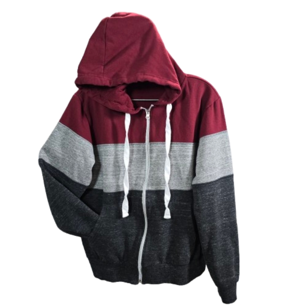 Doublju Women's Zip-Up Hoodie Jacket, Maroon & Grey, 3 Wide Stripes, Size 1X